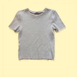 Zara Cream Ribbed Fitted Short Sleeve Tee
